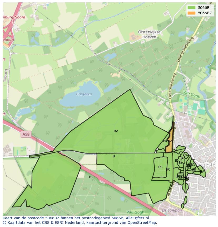 Afbeelding van het postcodegebied 5066 BZ op de kaart.