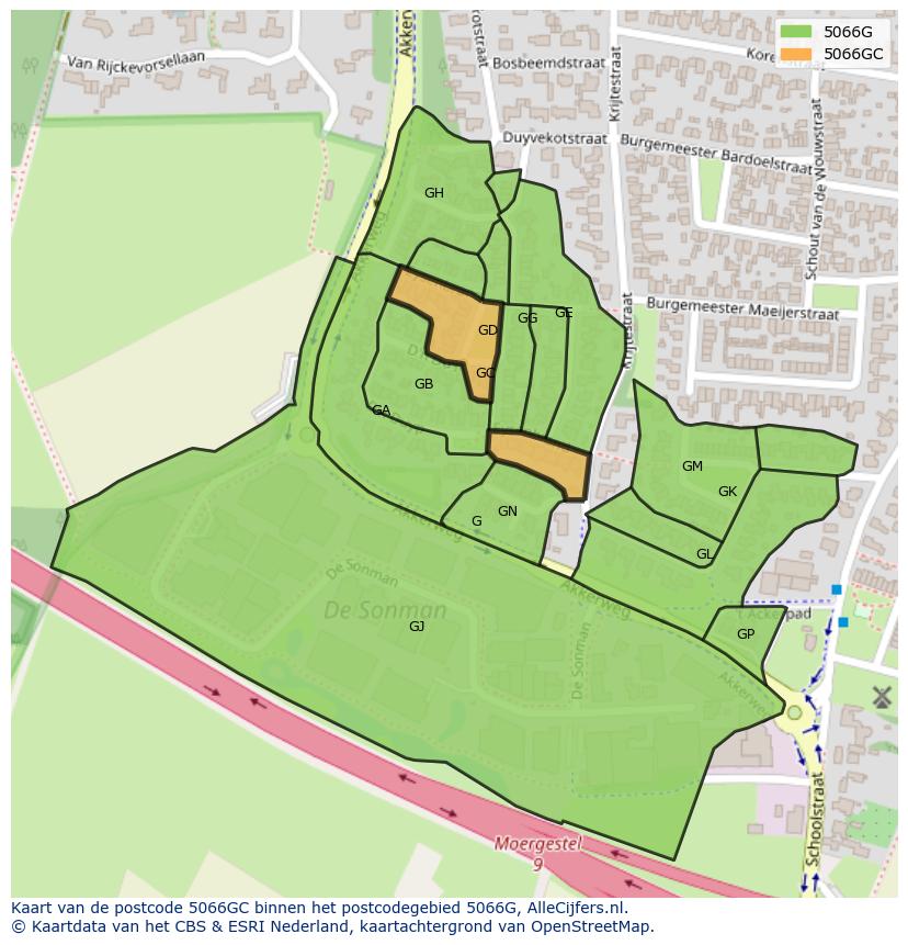 Afbeelding van het postcodegebied 5066 GC op de kaart.