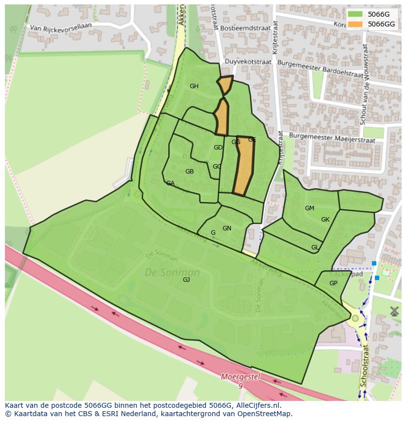 Afbeelding van het postcodegebied 5066 GG op de kaart.