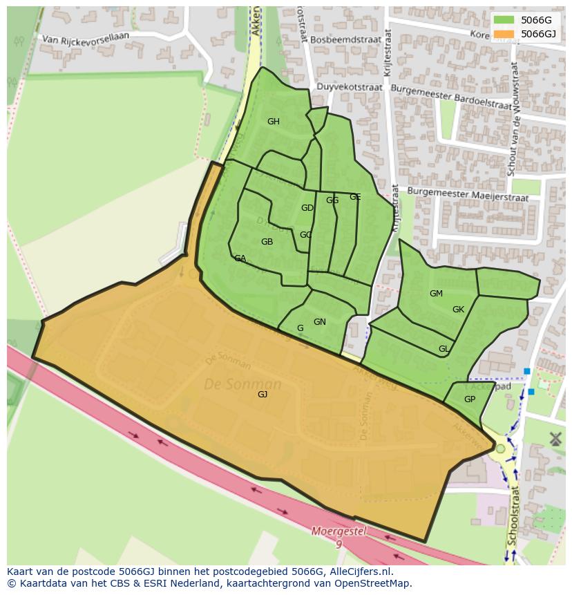Afbeelding van het postcodegebied 5066 GJ op de kaart.