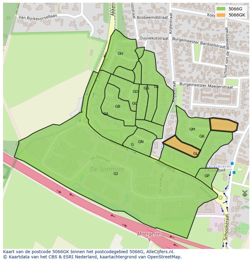 Afbeelding van het postcodegebied 5066 GK op de kaart.