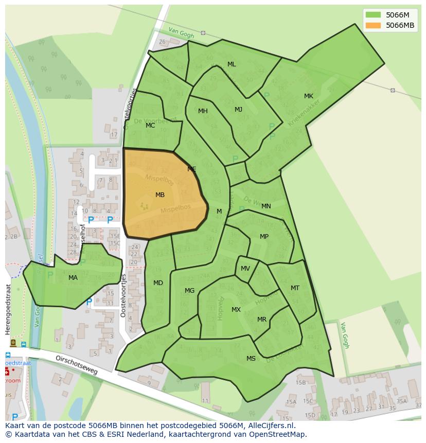 Afbeelding van het postcodegebied 5066 MB op de kaart.