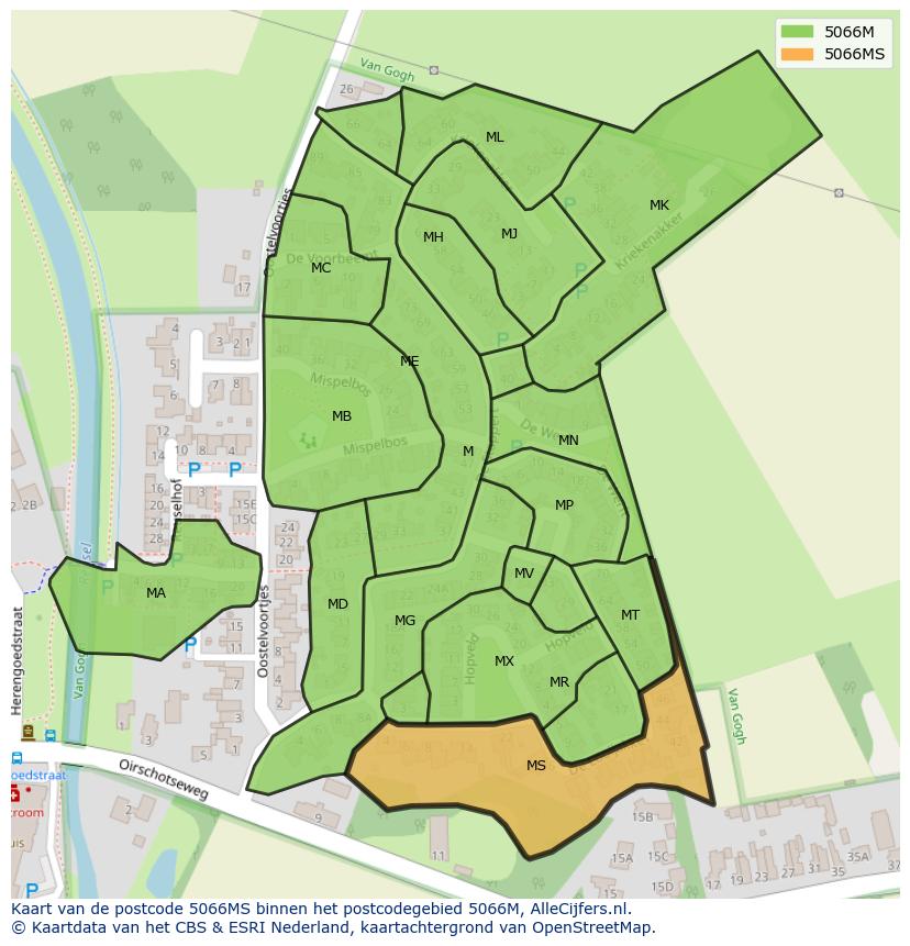 Afbeelding van het postcodegebied 5066 MS op de kaart.