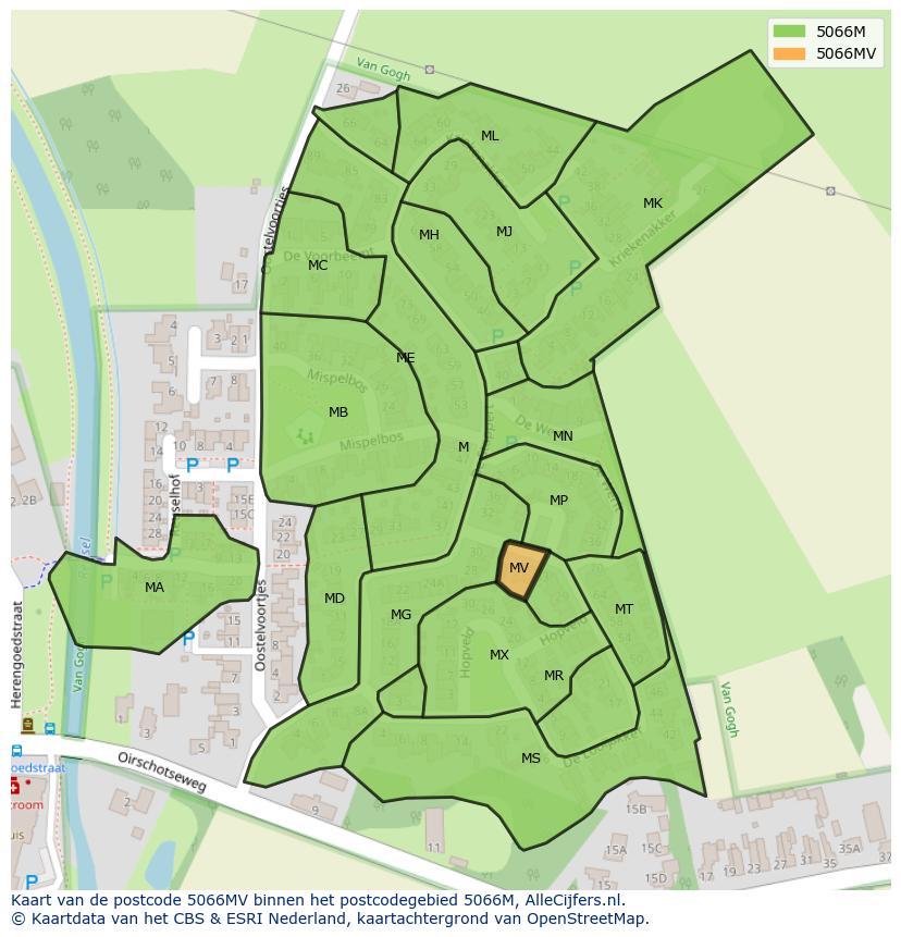 Afbeelding van het postcodegebied 5066 MV op de kaart.