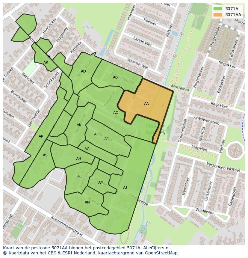 Afbeelding van het postcodegebied 5071 AA op de kaart.