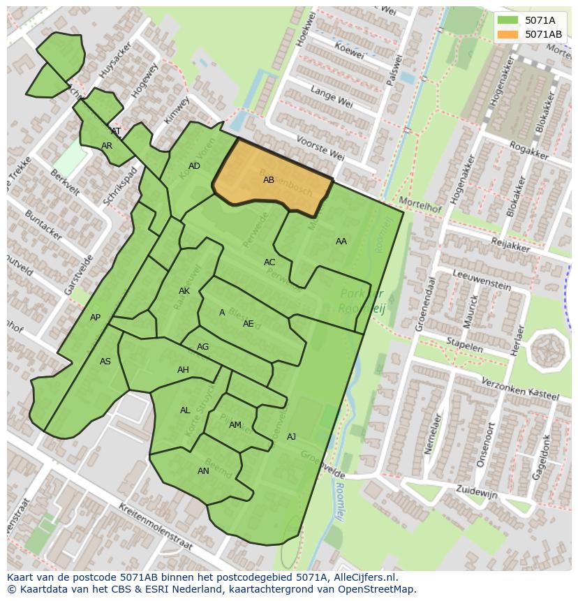 Afbeelding van het postcodegebied 5071 AB op de kaart.