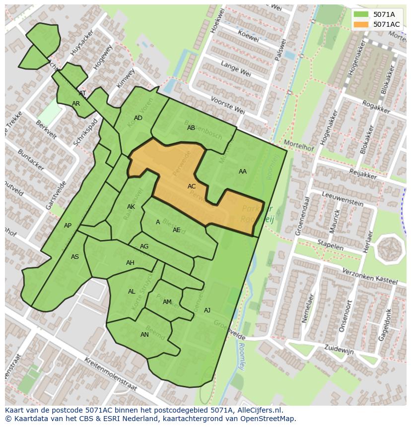 Afbeelding van het postcodegebied 5071 AC op de kaart.