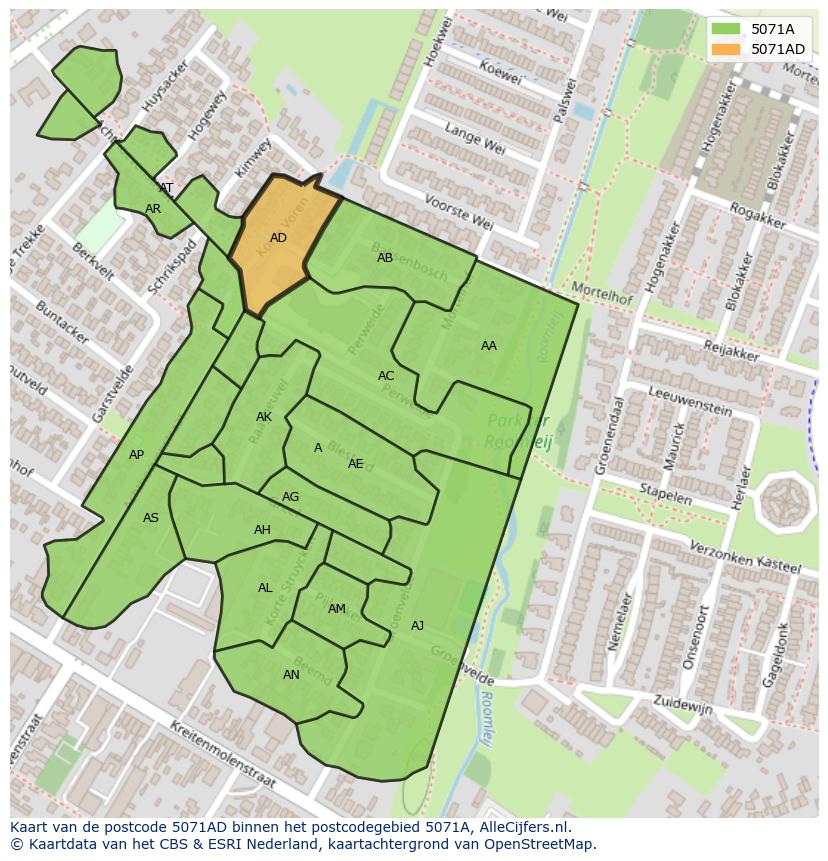 Afbeelding van het postcodegebied 5071 AD op de kaart.