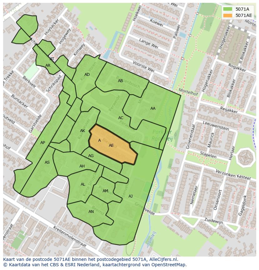 Afbeelding van het postcodegebied 5071 AE op de kaart.