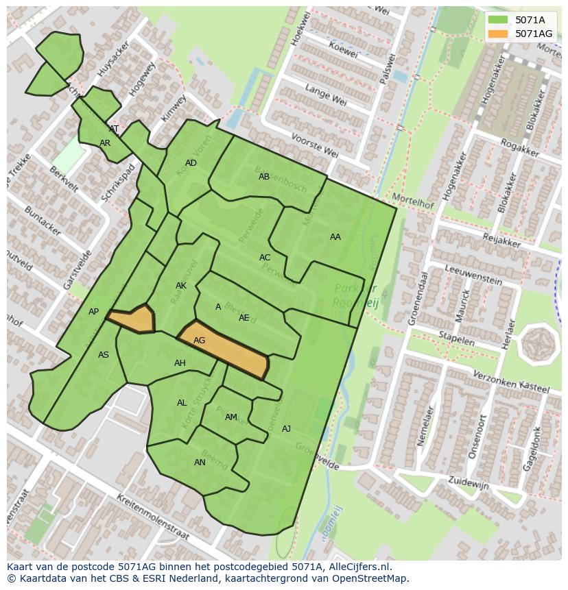 Afbeelding van het postcodegebied 5071 AG op de kaart.