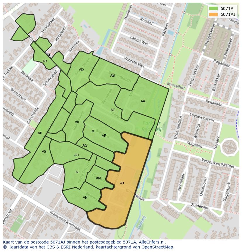 Afbeelding van het postcodegebied 5071 AJ op de kaart.