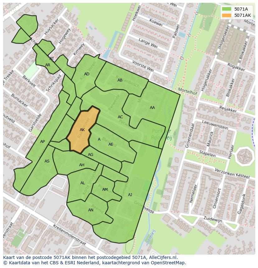 Afbeelding van het postcodegebied 5071 AK op de kaart.
