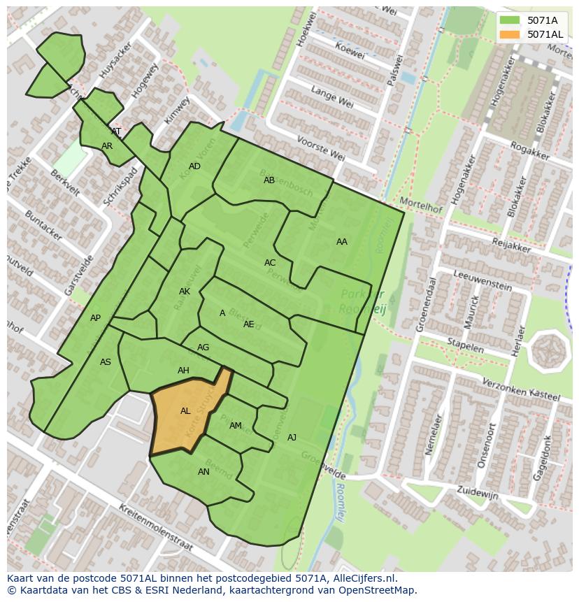 Afbeelding van het postcodegebied 5071 AL op de kaart.