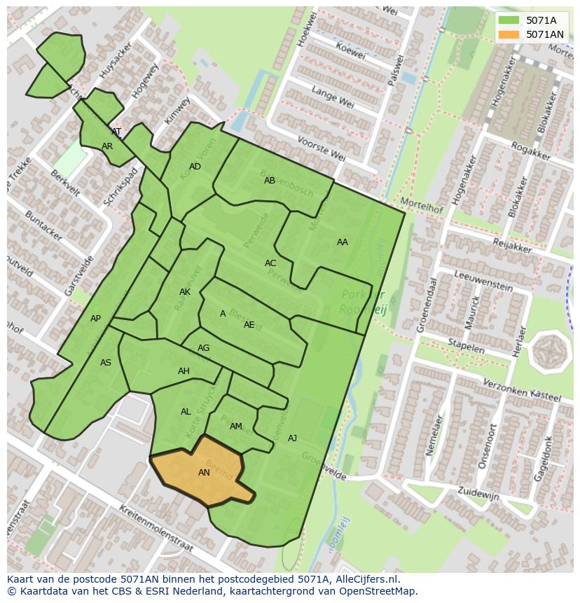 Afbeelding van het postcodegebied 5071 AN op de kaart.