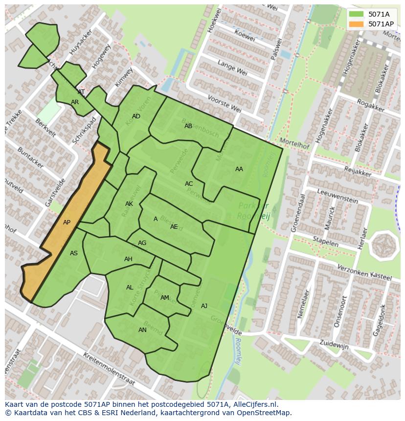 Afbeelding van het postcodegebied 5071 AP op de kaart.