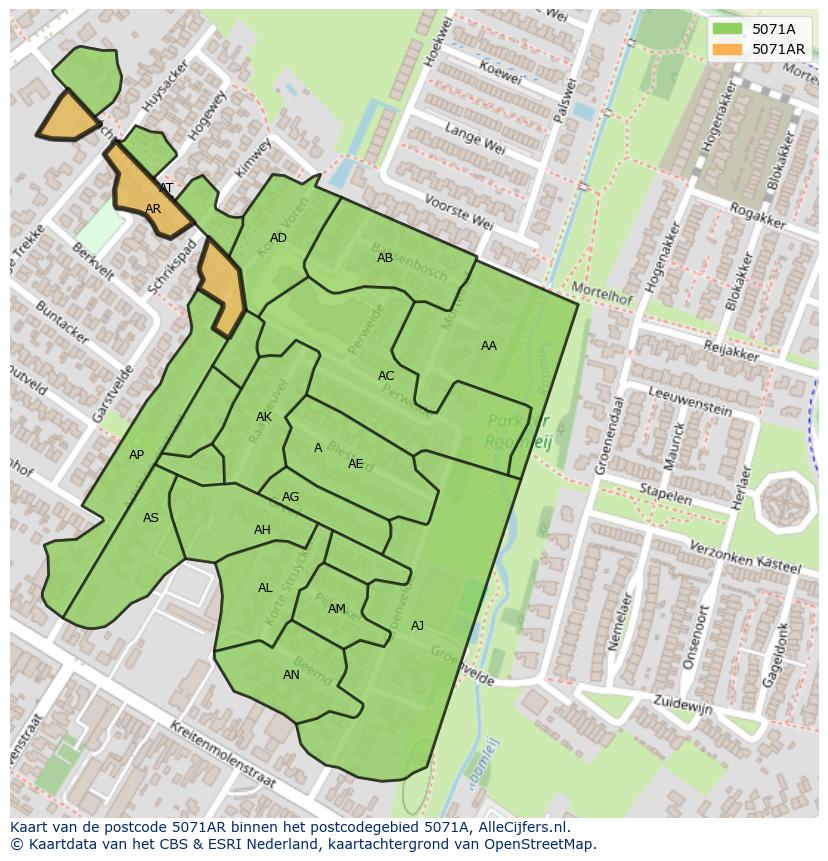 Afbeelding van het postcodegebied 5071 AR op de kaart.