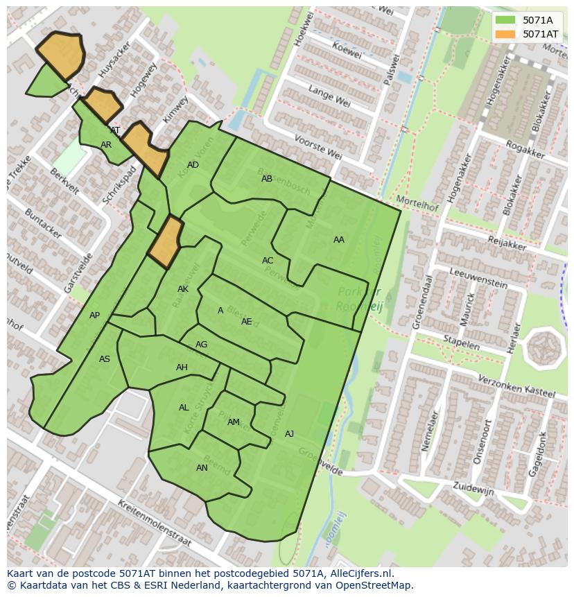 Afbeelding van het postcodegebied 5071 AT op de kaart.