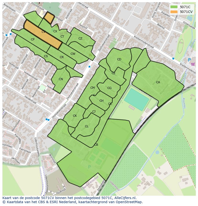 Afbeelding van het postcodegebied 5071 CV op de kaart.