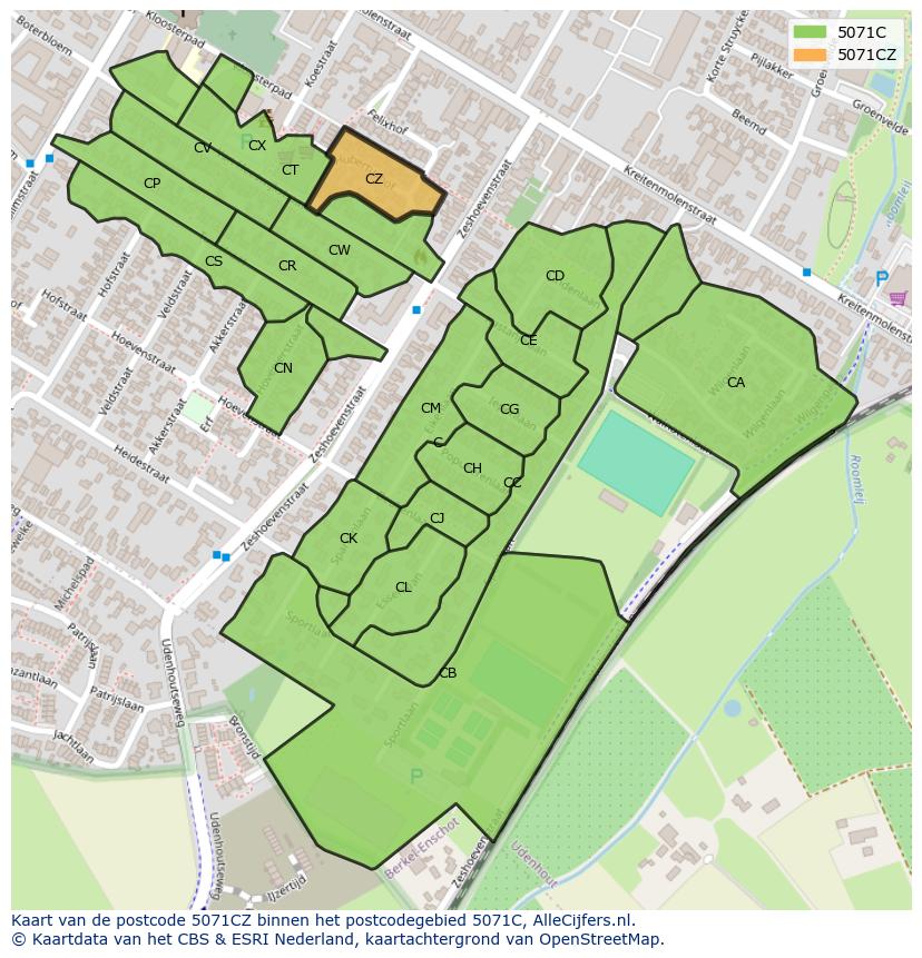 Afbeelding van het postcodegebied 5071 CZ op de kaart.
