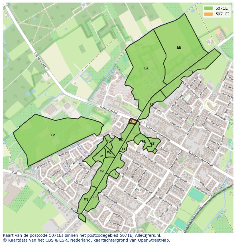 Afbeelding van het postcodegebied 5071 EJ op de kaart.