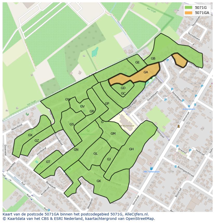 Afbeelding van het postcodegebied 5071 GA op de kaart.