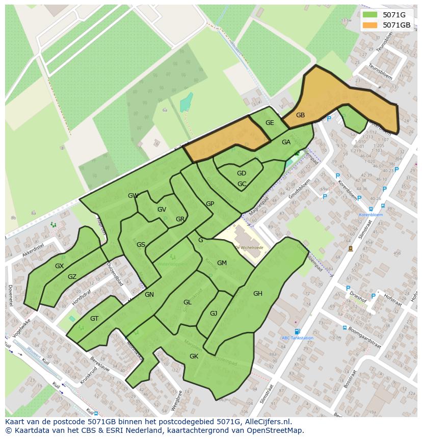 Afbeelding van het postcodegebied 5071 GB op de kaart.