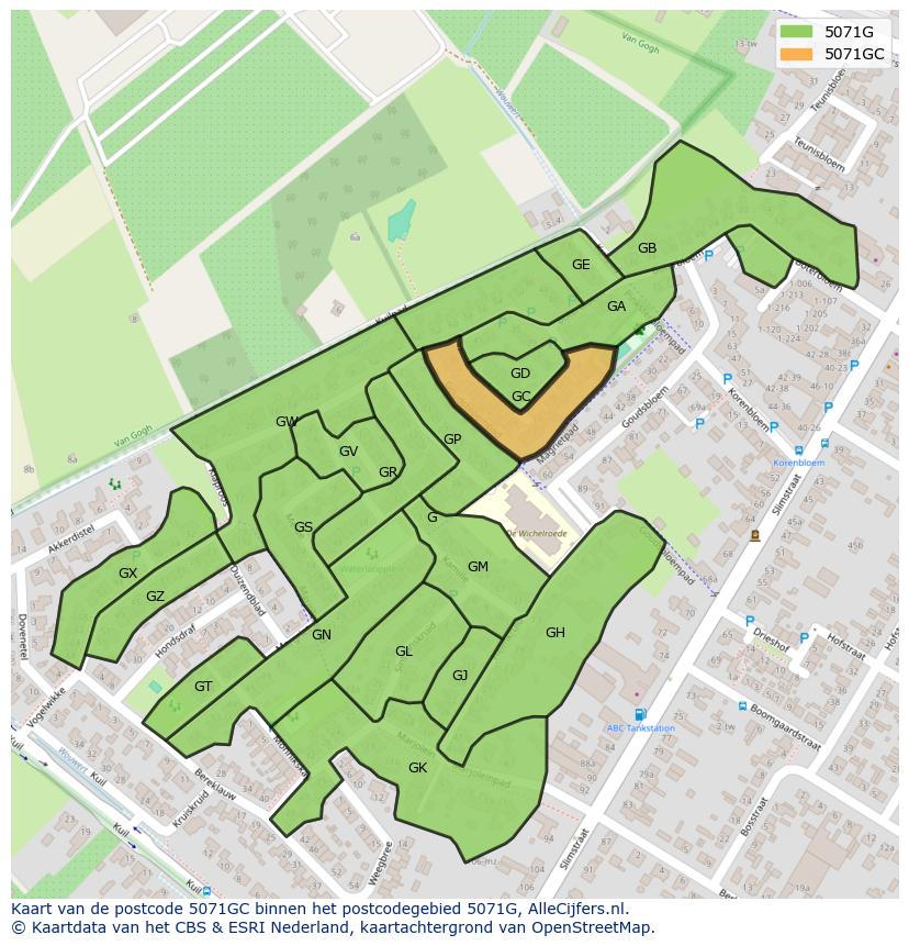 Afbeelding van het postcodegebied 5071 GC op de kaart.