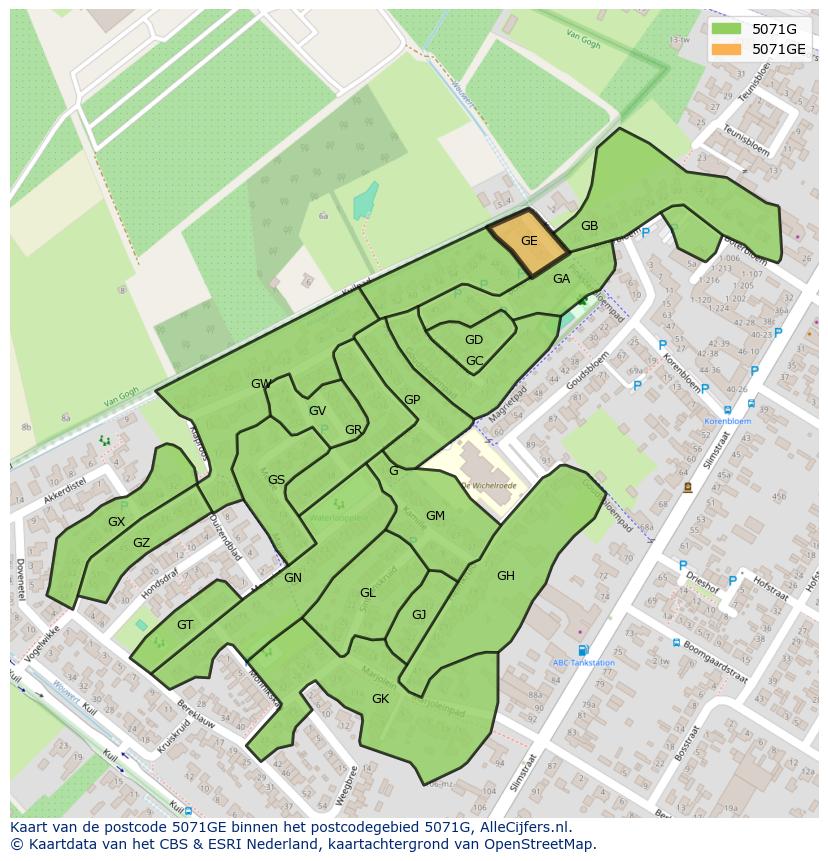 Afbeelding van het postcodegebied 5071 GE op de kaart.