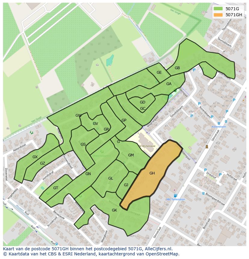 Afbeelding van het postcodegebied 5071 GH op de kaart.