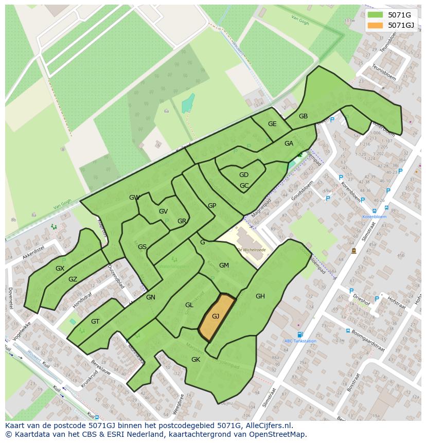 Afbeelding van het postcodegebied 5071 GJ op de kaart.