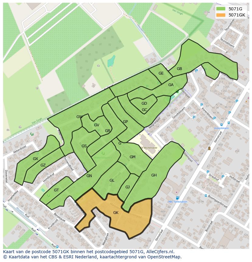 Afbeelding van het postcodegebied 5071 GK op de kaart.