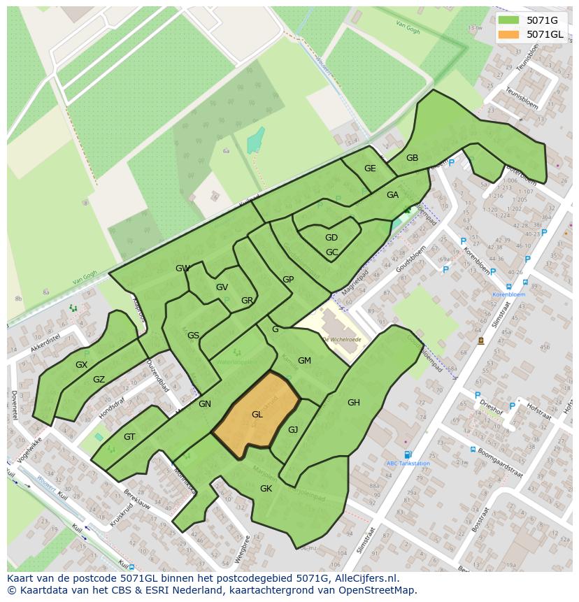 Afbeelding van het postcodegebied 5071 GL op de kaart.