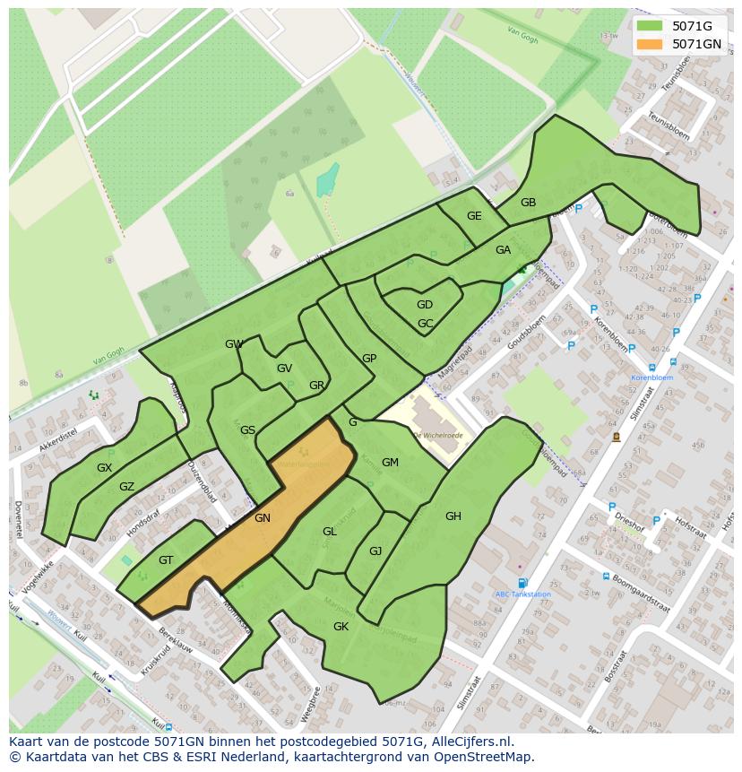 Afbeelding van het postcodegebied 5071 GN op de kaart.