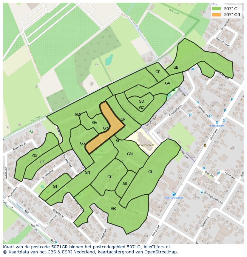 Afbeelding van het postcodegebied 5071 GR op de kaart.