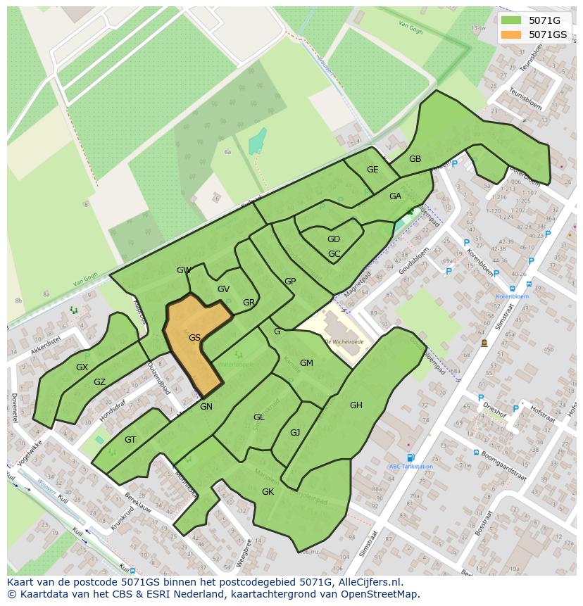 Afbeelding van het postcodegebied 5071 GS op de kaart.