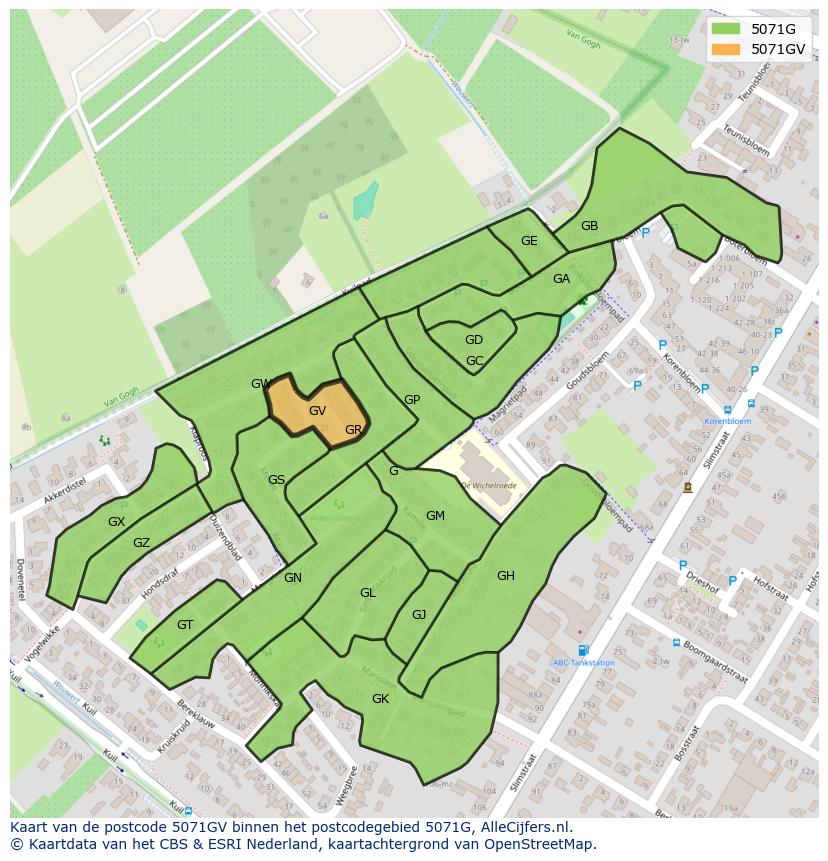 Afbeelding van het postcodegebied 5071 GV op de kaart.