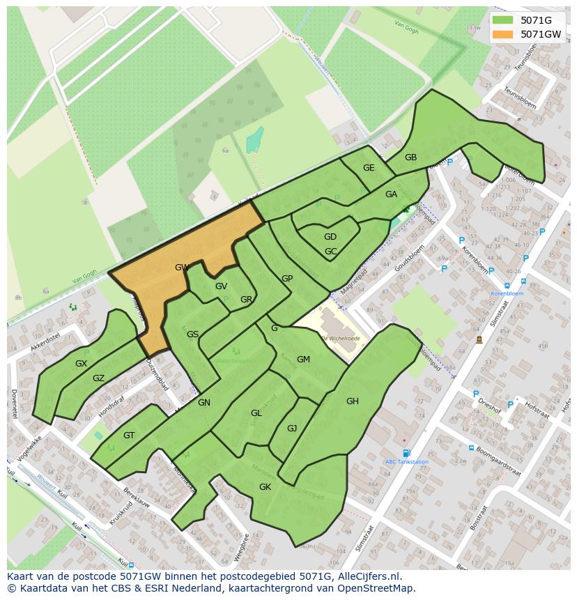 Afbeelding van het postcodegebied 5071 GW op de kaart.