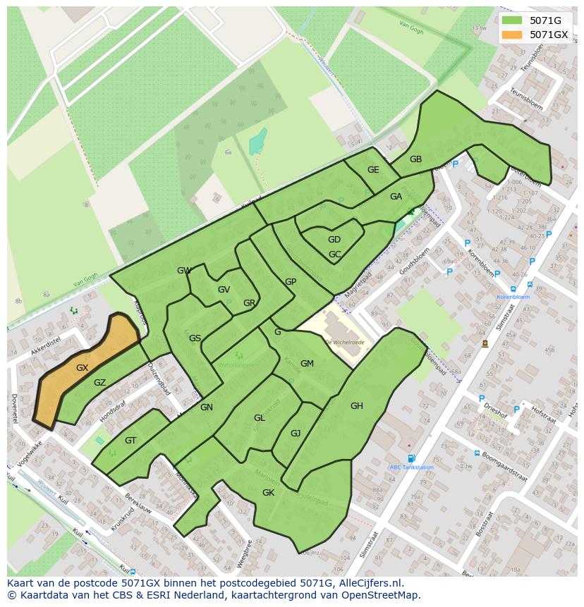 Afbeelding van het postcodegebied 5071 GX op de kaart.