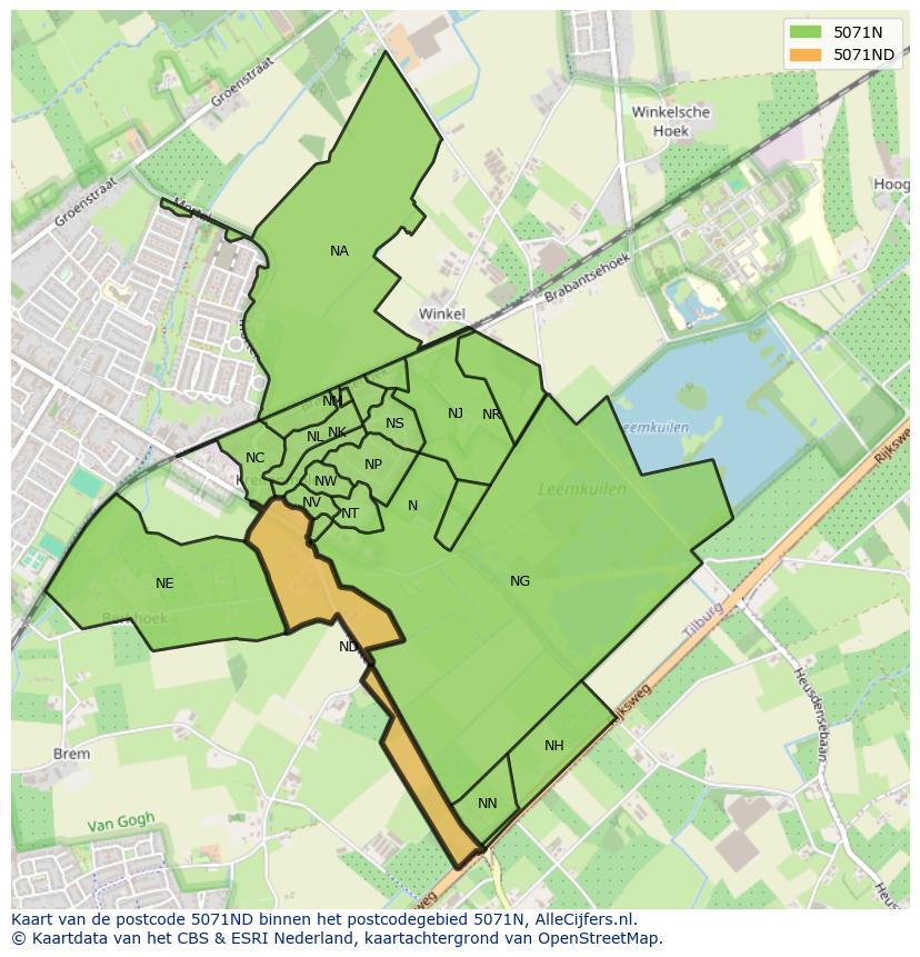 Afbeelding van het postcodegebied 5071 ND op de kaart.