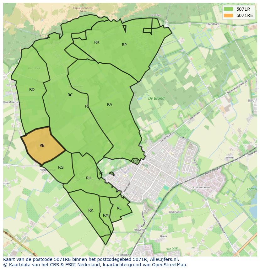 Afbeelding van het postcodegebied 5071 RE op de kaart.