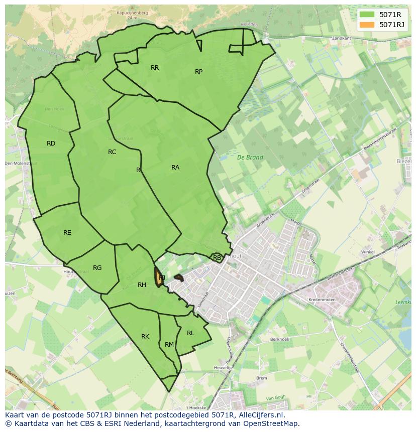 Afbeelding van het postcodegebied 5071 RJ op de kaart.