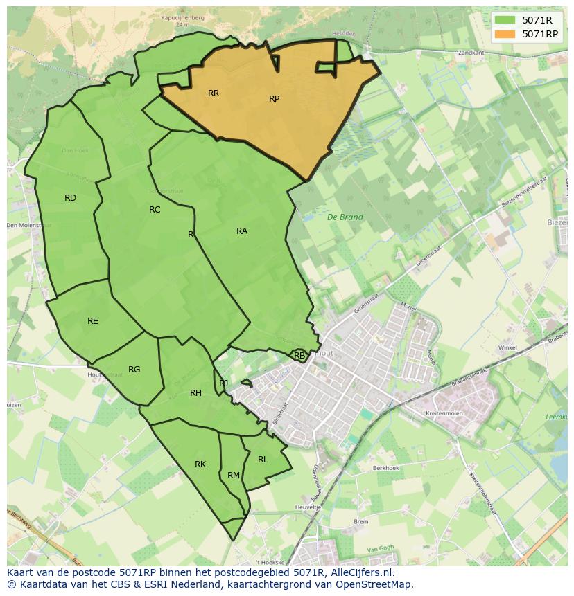 Afbeelding van het postcodegebied 5071 RP op de kaart.