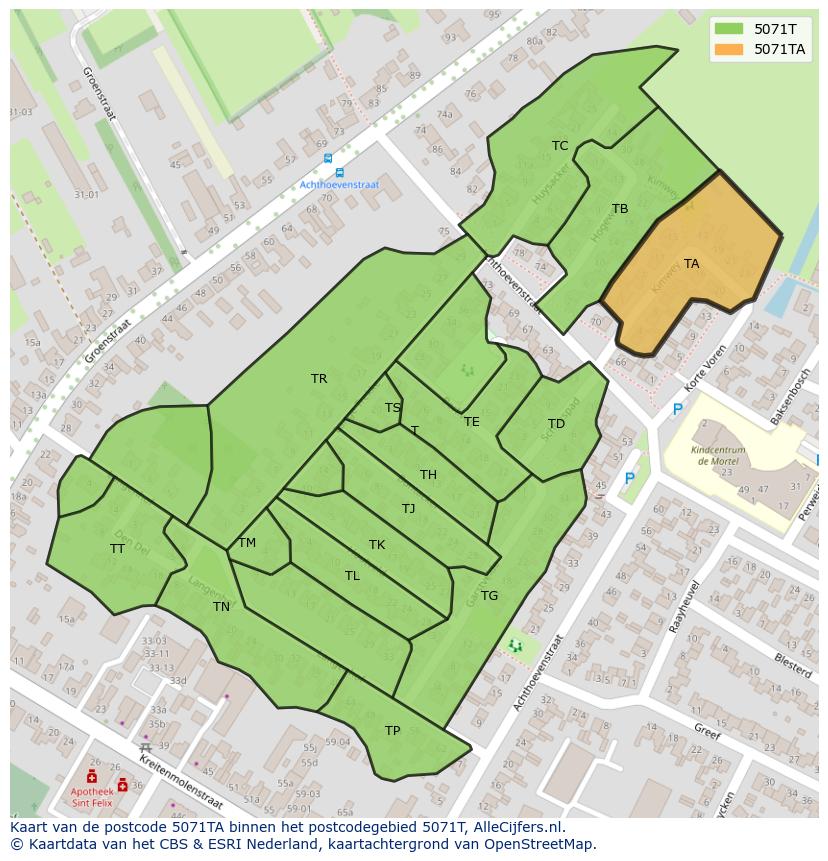 Afbeelding van het postcodegebied 5071 TA op de kaart.