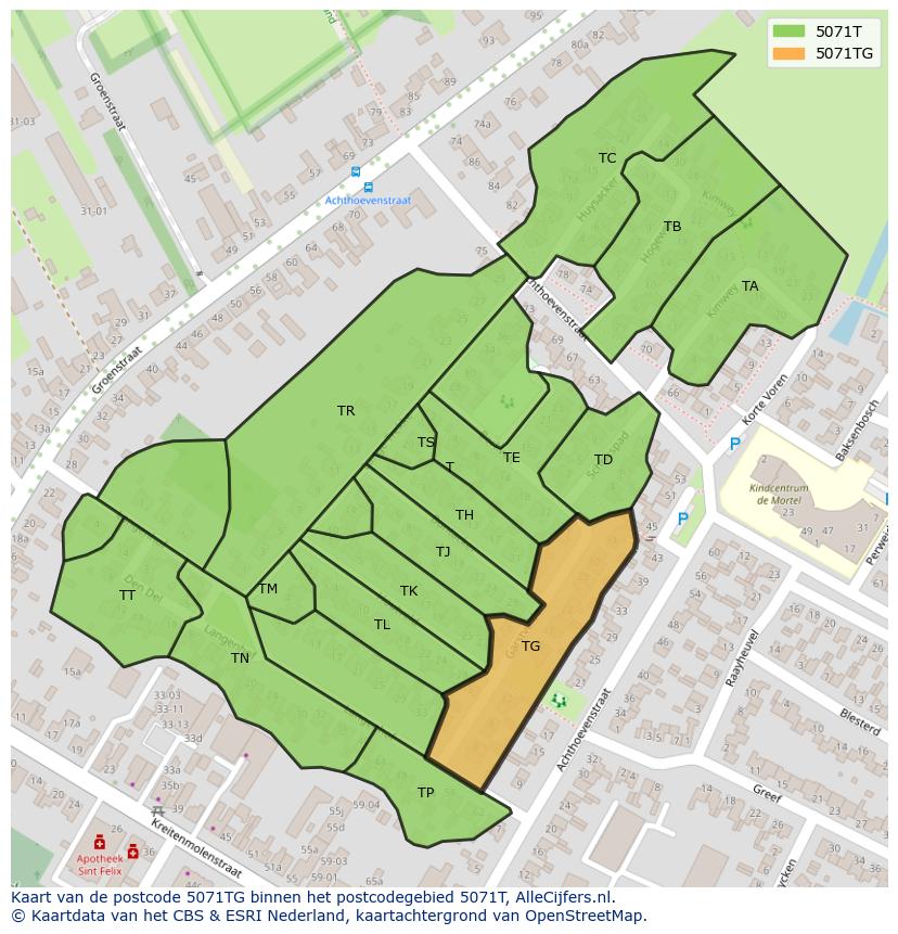 Afbeelding van het postcodegebied 5071 TG op de kaart.