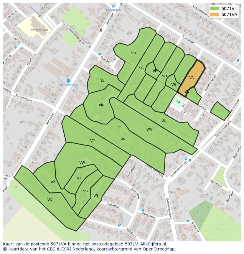 Afbeelding van het postcodegebied 5071 VA op de kaart.