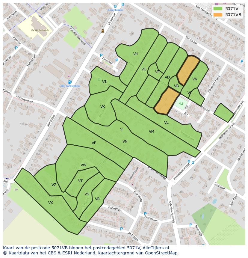 Afbeelding van het postcodegebied 5071 VB op de kaart.