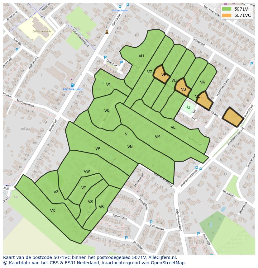 Afbeelding van het postcodegebied 5071 VC op de kaart.