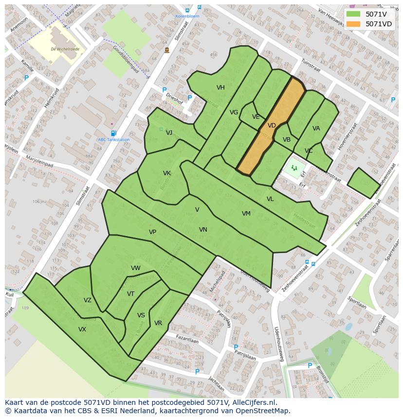 Afbeelding van het postcodegebied 5071 VD op de kaart.