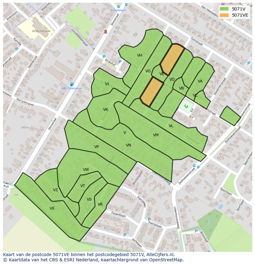 Afbeelding van het postcodegebied 5071 VE op de kaart.