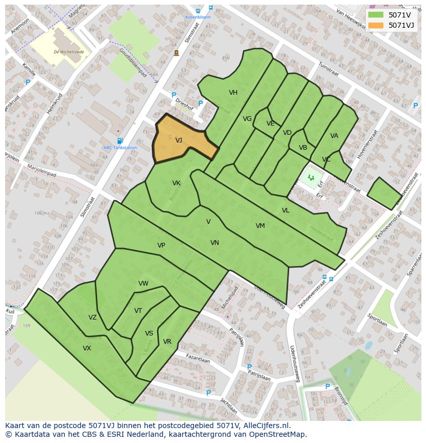 Afbeelding van het postcodegebied 5071 VJ op de kaart.